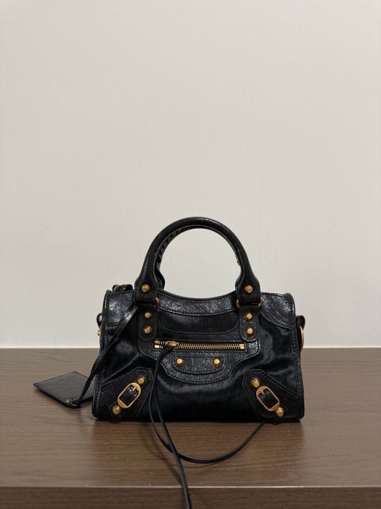 Balenciaga Horsehair Moto Bag, Small in Dark Grey