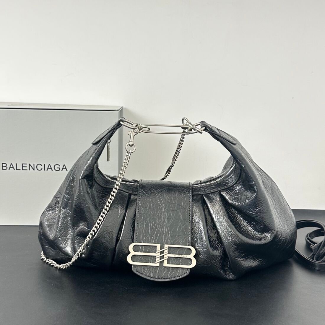 Balenciaga Pamela Large Shoulder Bag, Lambskin in Dark Grey