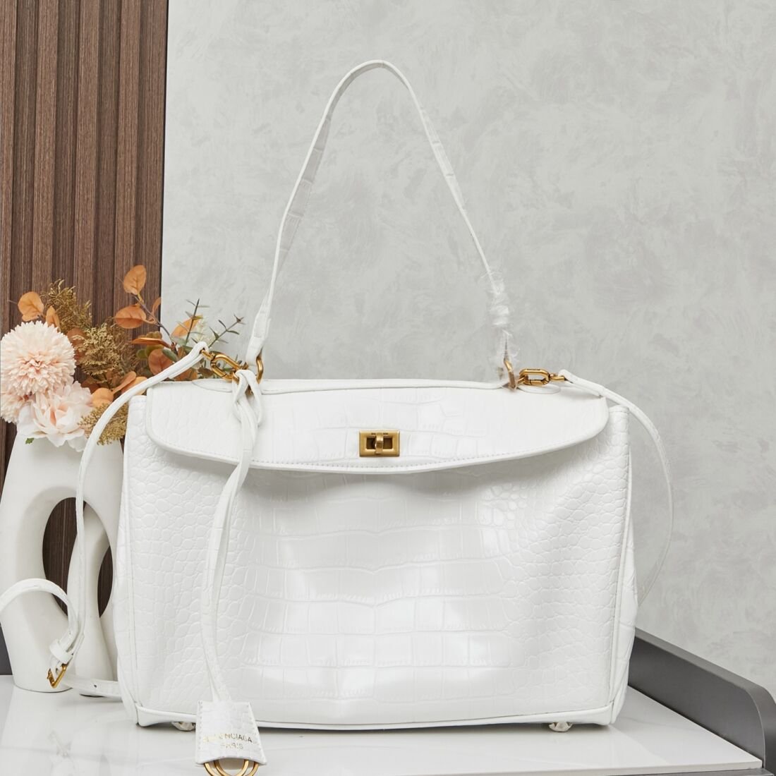 Balenciaga Rodeo Large Bag, Calfskin in Light Grey Croc-Embossed