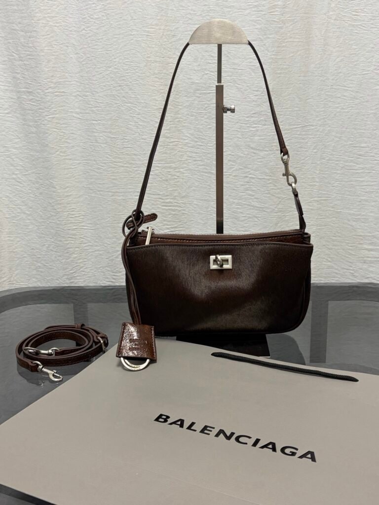 Balenciaga Rodeo Pochette Shoulder Bag, Horsehair, Coffee and Black in Coffee Brown