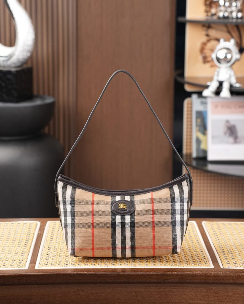 Burberry Check Shoulder Bag, Cotton-Linen Blend in Taupe