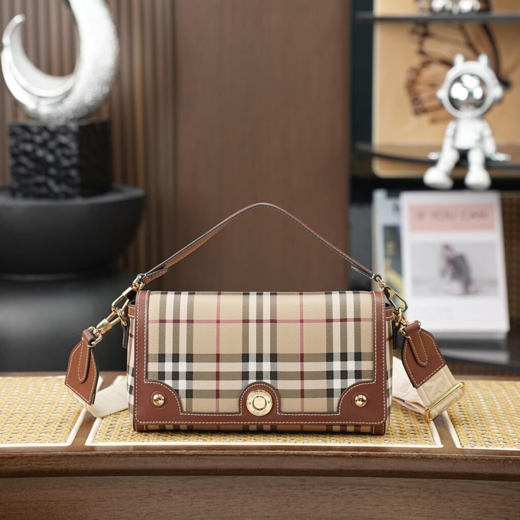 Burberry Check Top Handle Bag with Logo Strap in Taupe