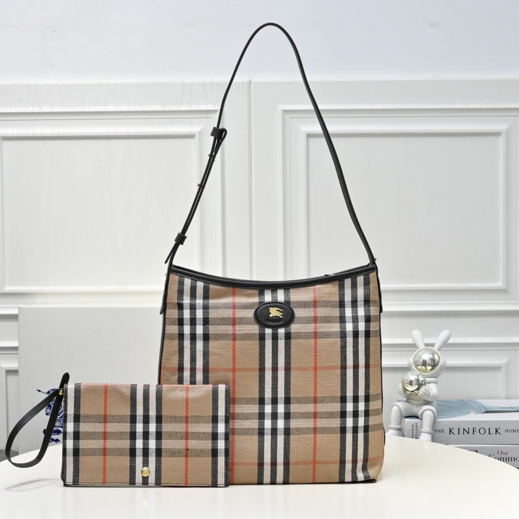 Burberry Check Tote 8397, Cotton-Linen Blend in Taupe