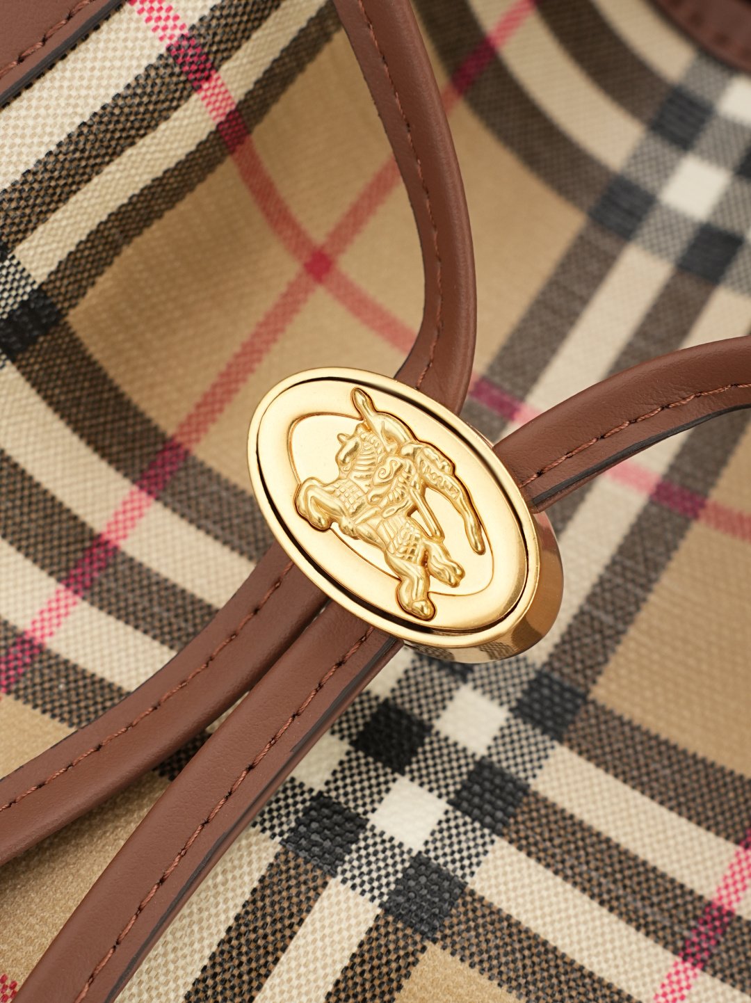 Burberry Large Bucket Bag 98440, Coated Canvas in Beige Check, view 5