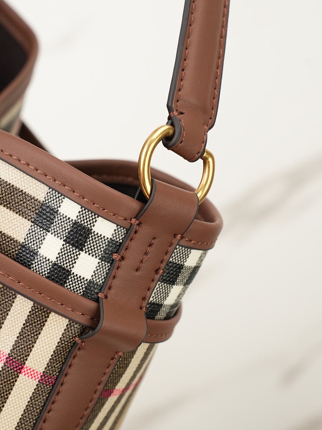 Burberry Large Bucket Bag 98440, Coated Canvas in Beige Check, view 7