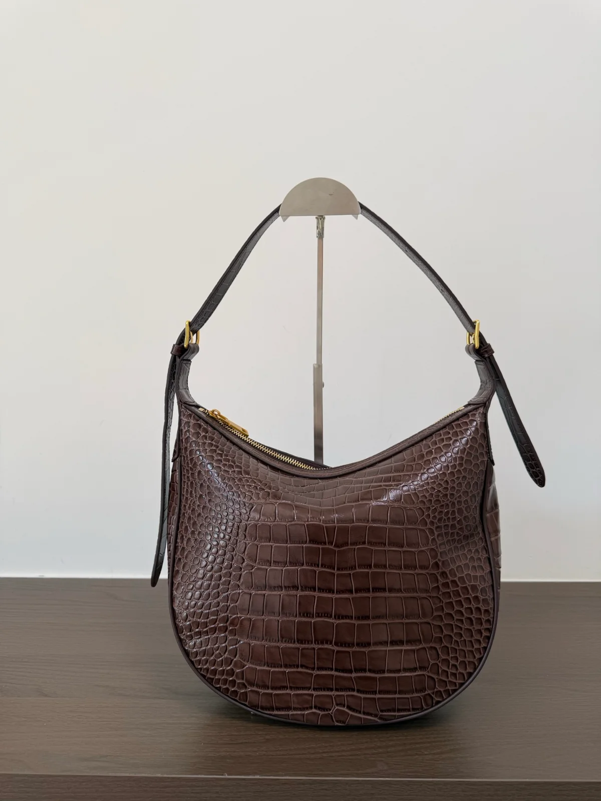 celine croc embossed hobo bag coffee brown one size, view 01