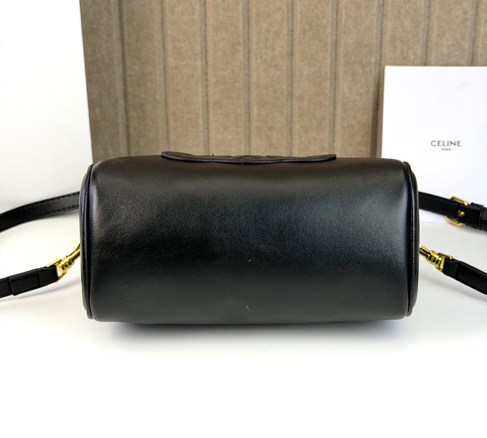Celine Mini Boston Bag with Embossed Triomphe in Dark Grey, view 5