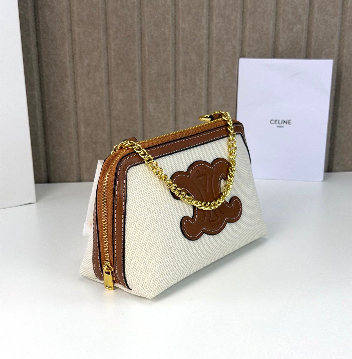Celine Mini Shell Bag, Canvas with Leather Trim in Dark Grey, view 2