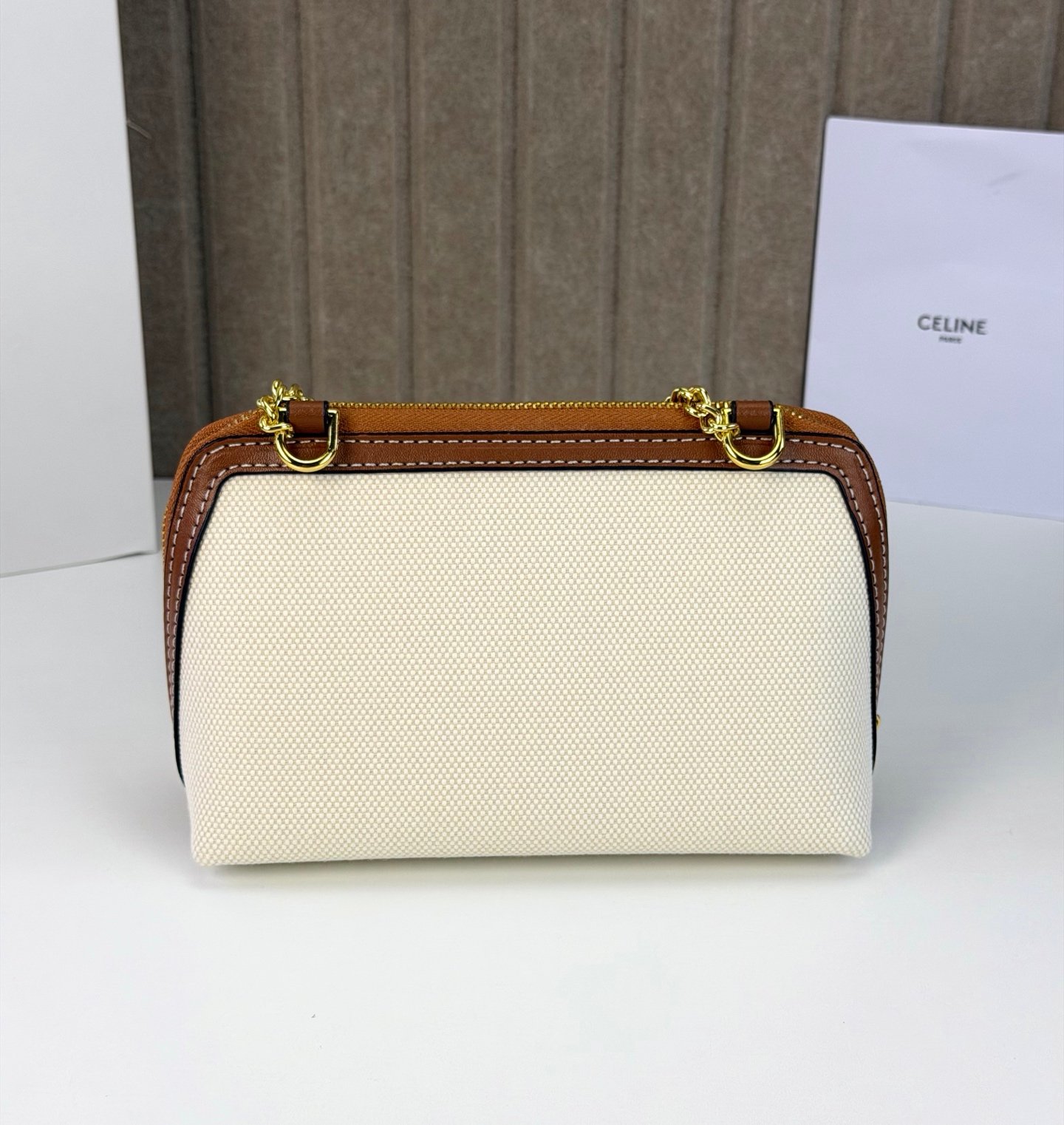 Celine Mini Shell Bag, Canvas with Leather Trim in Dark Grey, view 3