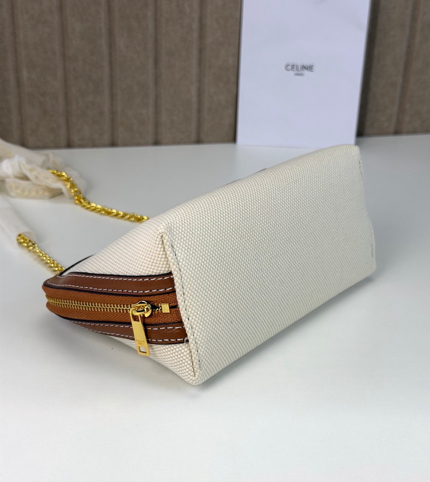 Celine Mini Shell Bag, Canvas with Leather Trim in Dark Grey, view 4