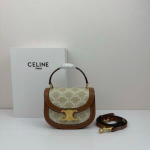 Celine Mini Triomphe Saddle Bag, Glossy Leather in Stone