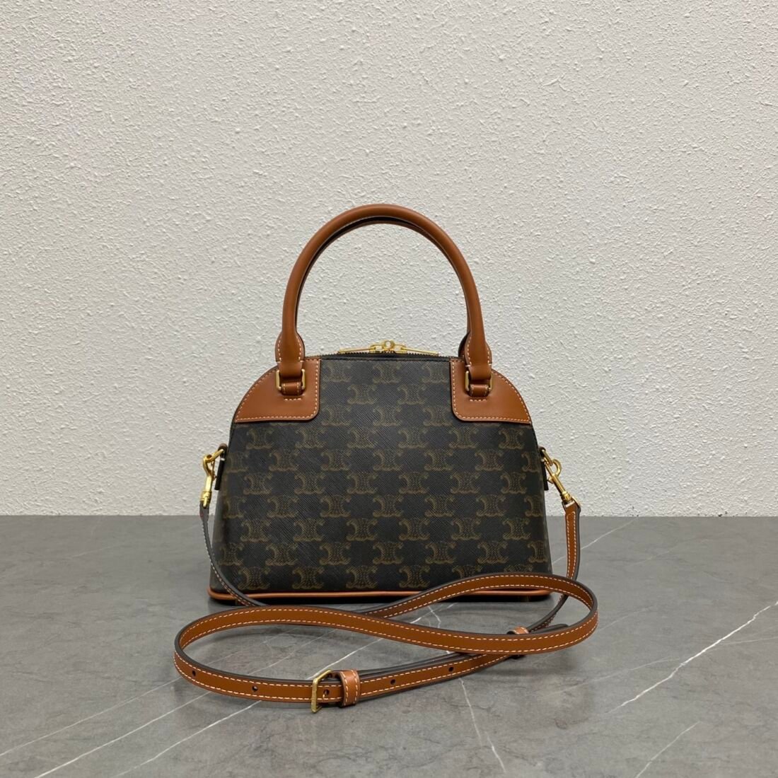 Celine Shell Bag, Printed Canvas with Calfskin Trim in Tan, view 3
