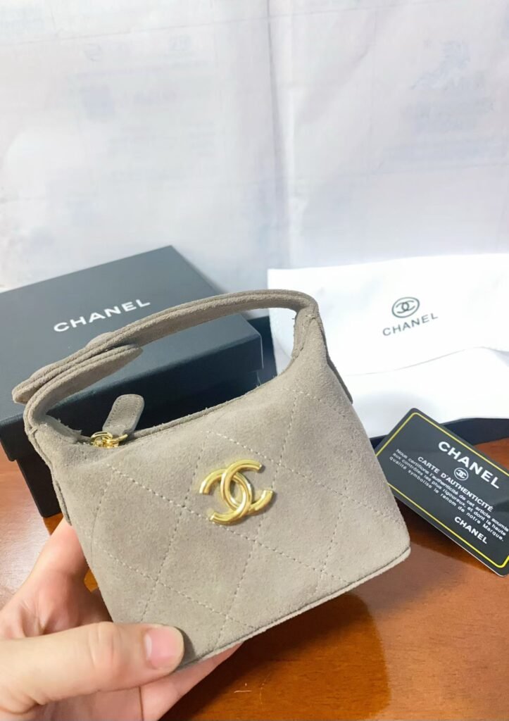 Chanel 26M Mini Box Case, Quilted Suede, Light Grey in Light Grey