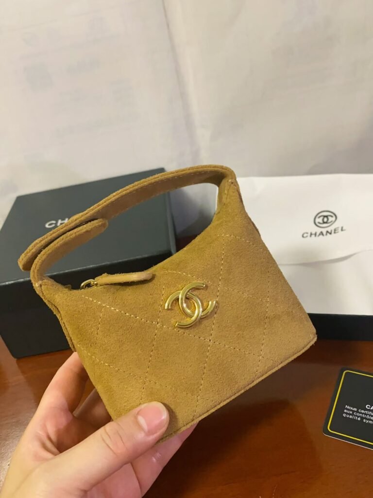 Chanel 26M Mini Box Case, Quilted Suede, Tan in Tan