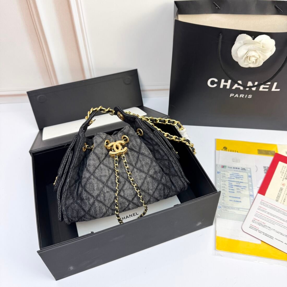 Chanel 3763 Drawstring Hobo Bucket Bag, Pebbled Leather and Denim in Dark Denim