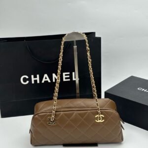 Chanel Quilted Suede Chain Bag, Taupe & Brown