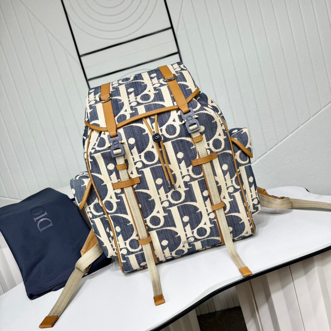 Dior Hit The Road Flap Backpack, Oblique Denim in Blue & Beige