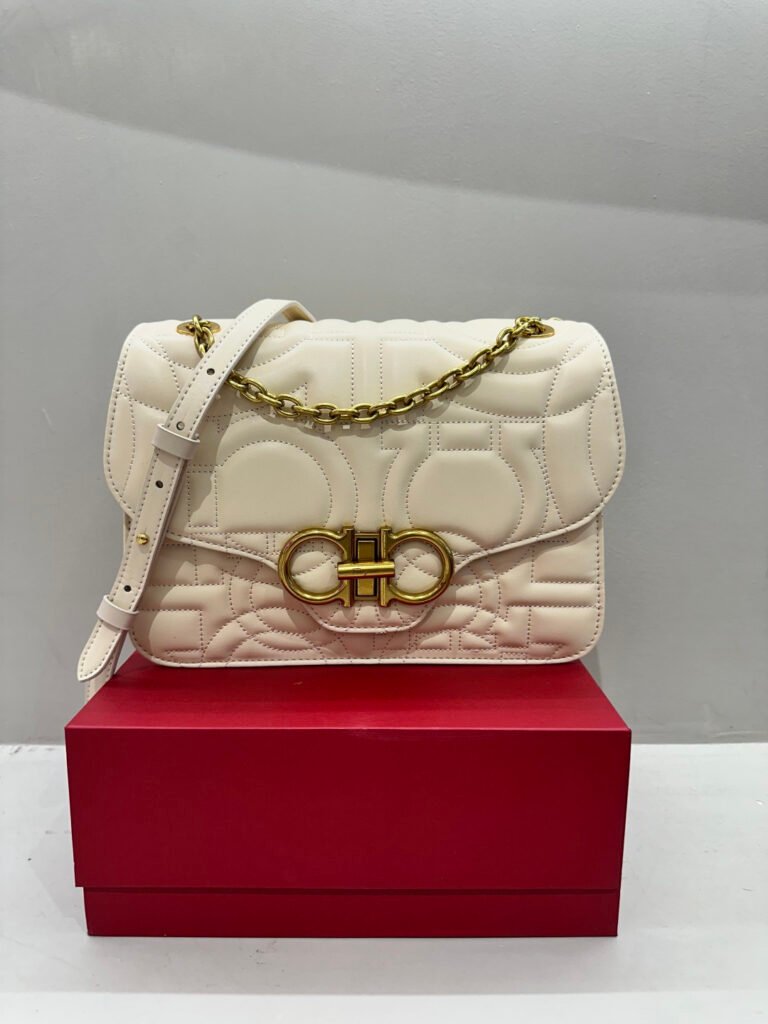 Ferragamo Gancini-Stitched Flap Bag, Calfskin, Large – White in White