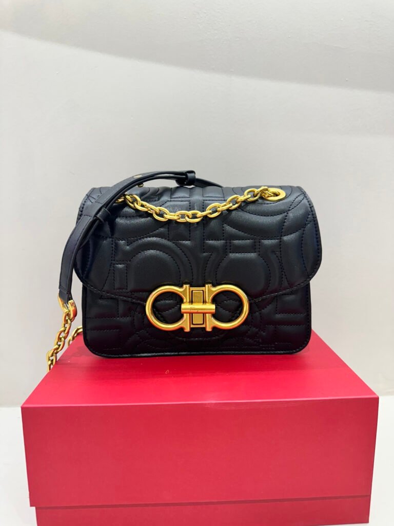 Ferragamo Gancini-Stitched Flap Bag, Calfskin, Small – Black in Black