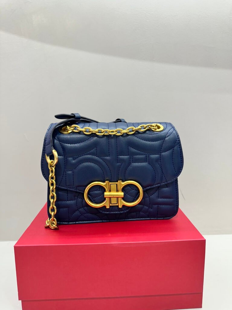 Ferragamo Gancini-Stitched Flap Bag, Calfskin, Small – Blue in Blue