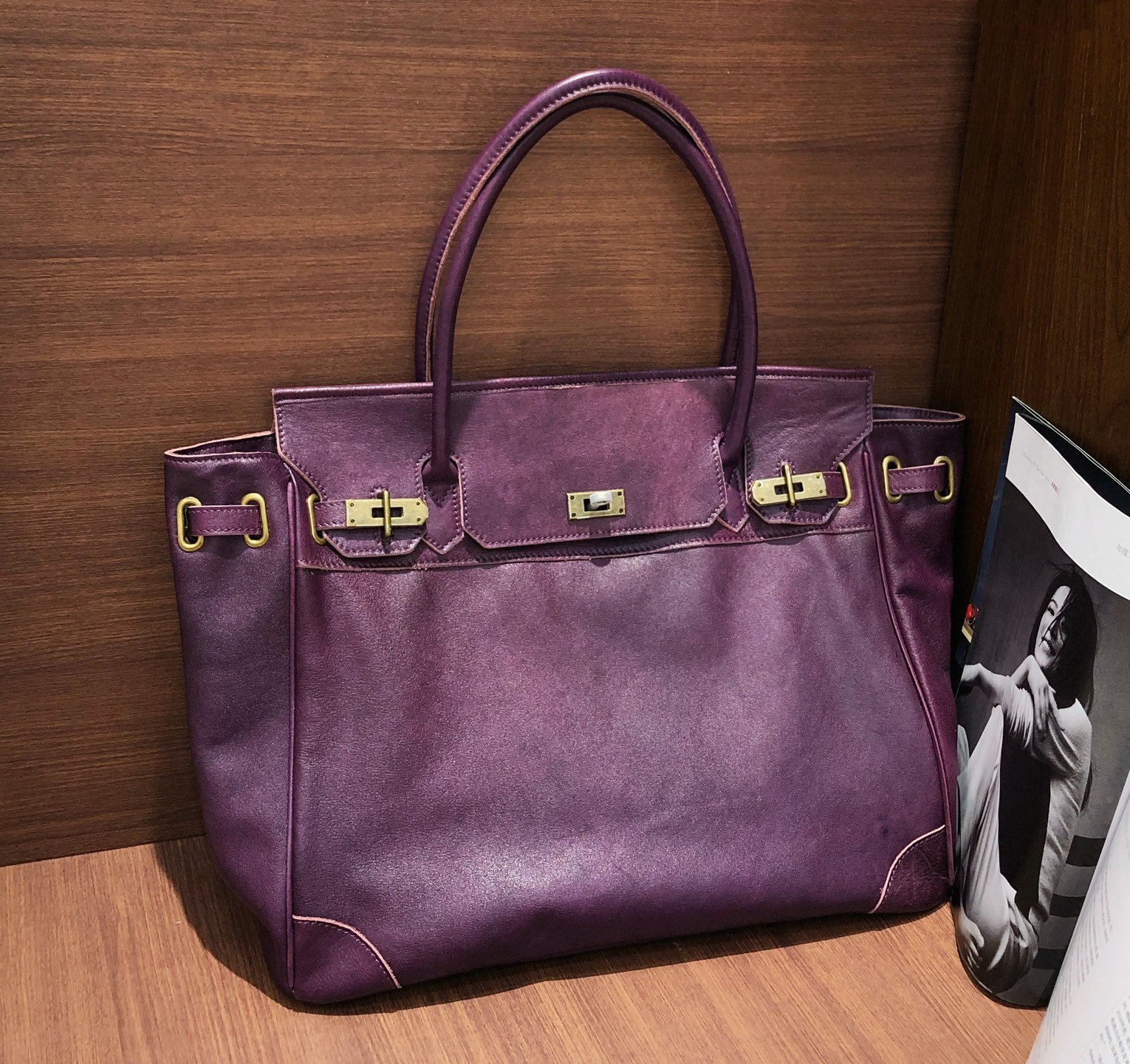 Hermès Firkin Berlin Tote Bag, Water-Dyed Leather, Plum in Plum, view 4