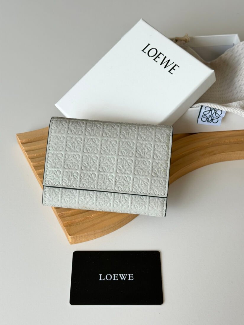 Loewe Short Tri-Fold Wallet, Embossed Leather in Grey