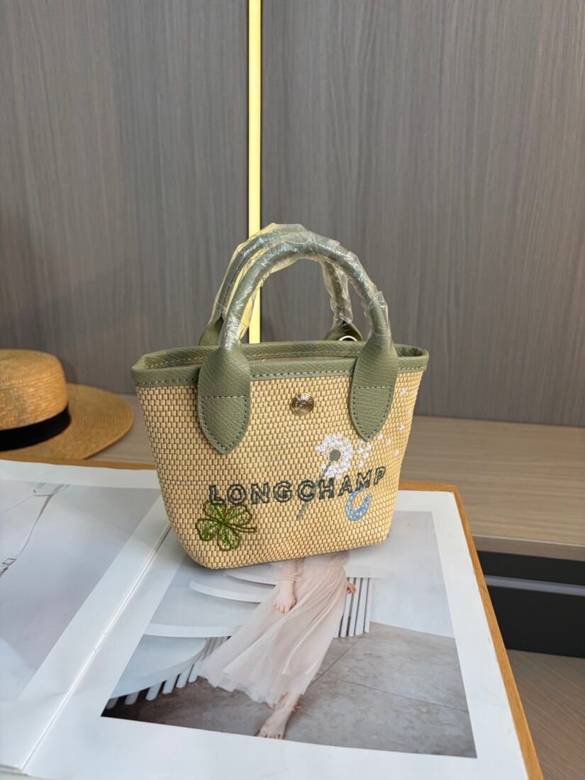 Longchamp Embroidered Straw Mini Tote Bag in Brown