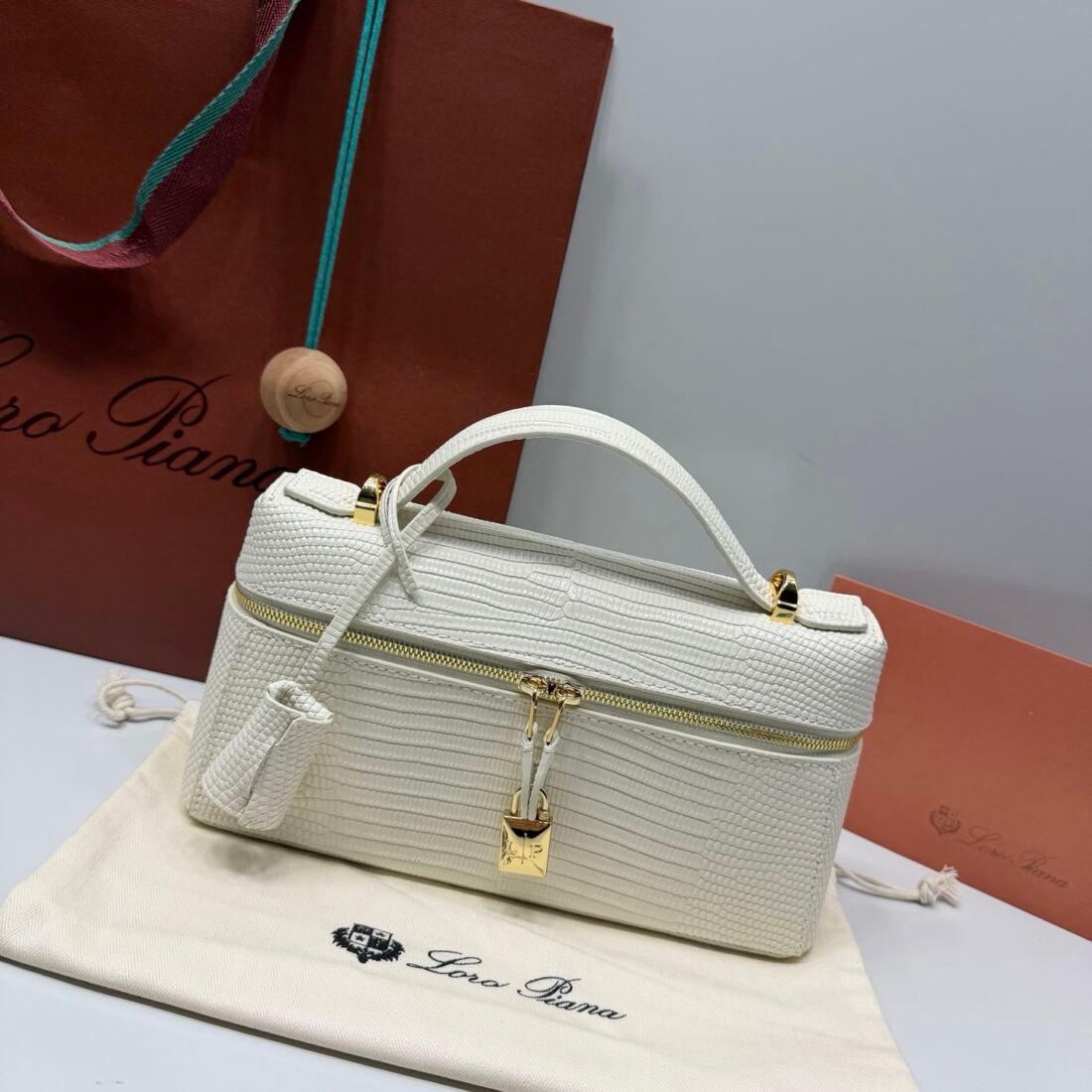 Loro Piana Extra Bag L23, Lizard-Embossed, White, Gold Hardware in White, Gold Hardware, view 2