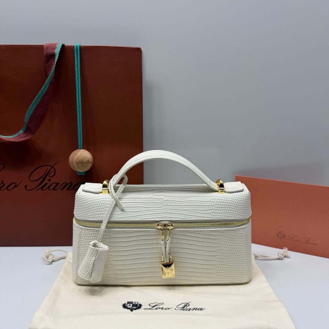 Loro Piana Extra Bag L23, Lizard-Embossed, White, Gold Hardware in White, Gold Hardware