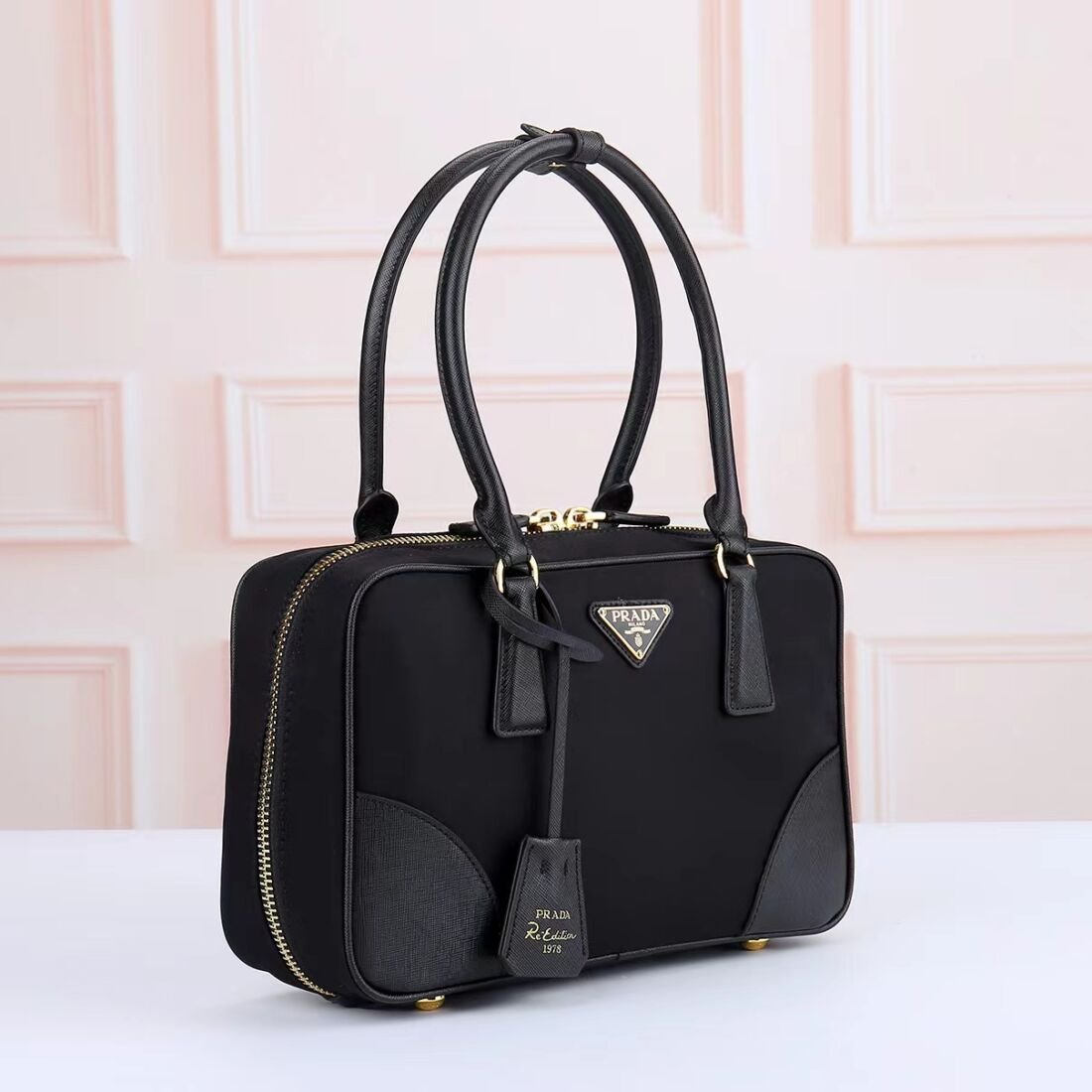 Prada 1115 Double Handle Bag, Glossy Nylon in Grey, view 2