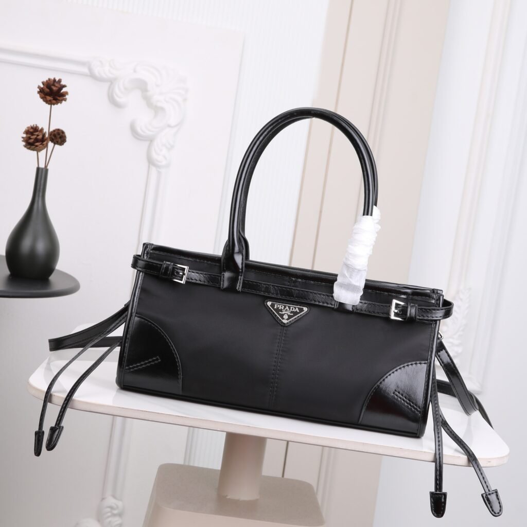 Prada Bonnie Bag, Re-Nylon and Waxed Leather, 38 cm in Dark Dark Brown