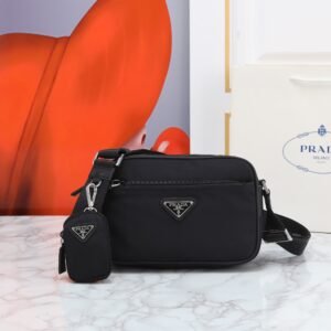 Prada Compact Rectangular Shoulder Bag, Detachable Pouch in Dark grey