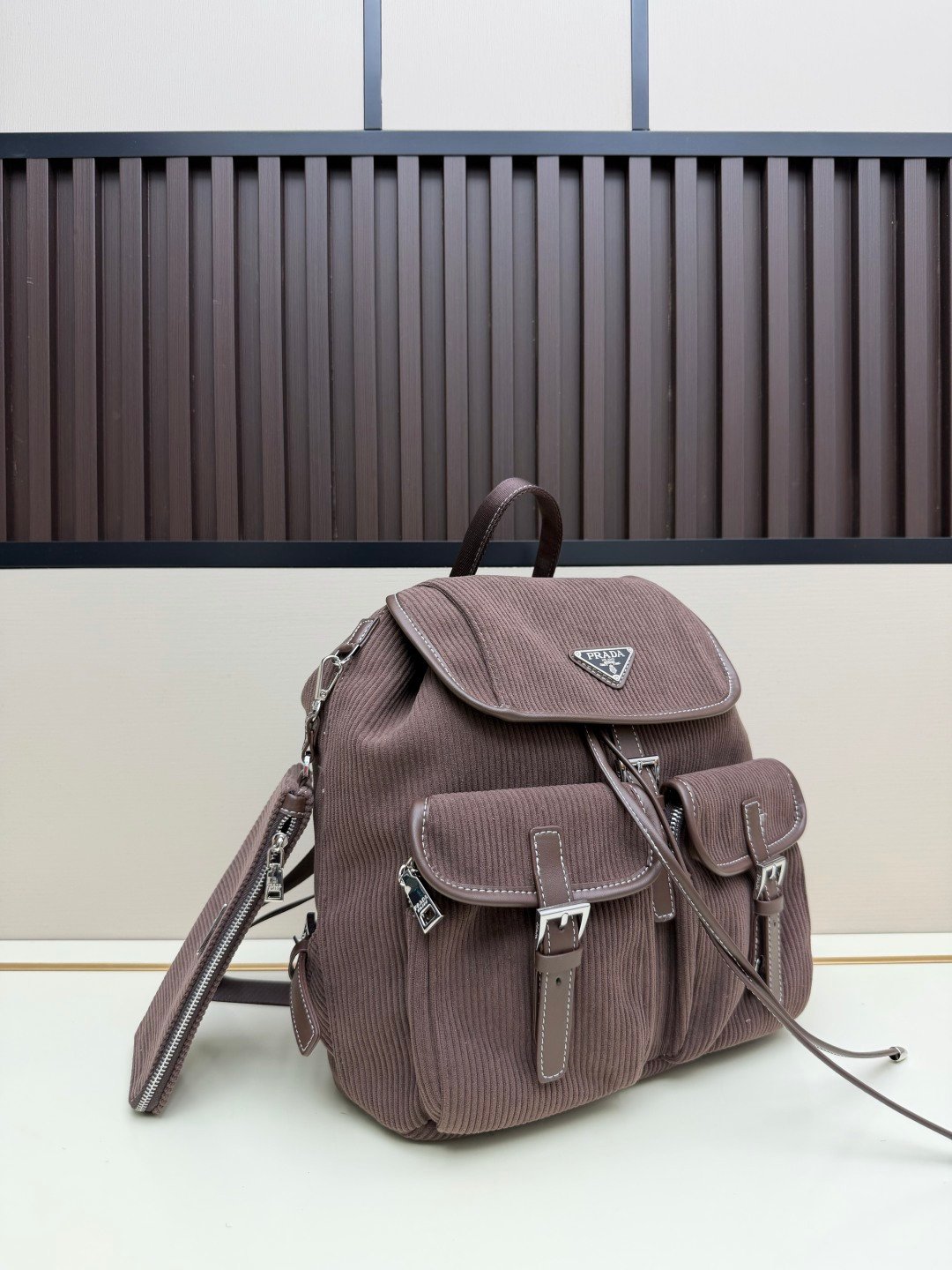 Prada Corduroy Backpack, Dark Grey in Dark Grey, view 2