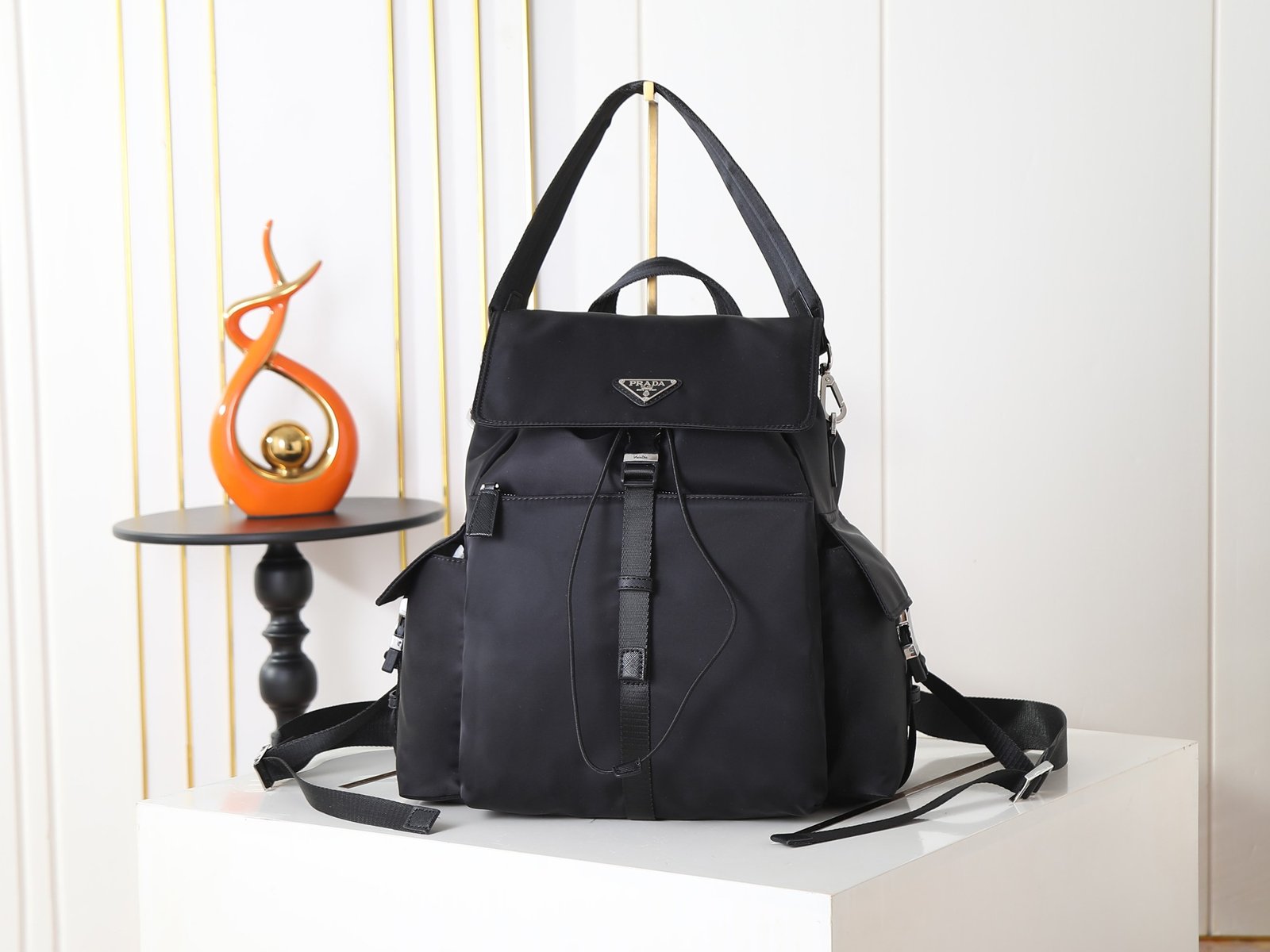Prada Explore Flap Backpack, Re-Nylon, 38 cm in Dark Grey