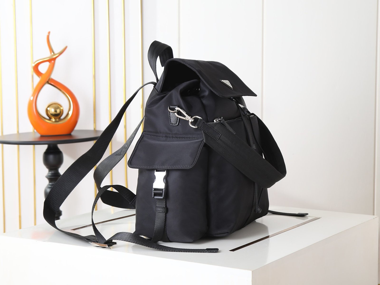 Prada Explore Flap Backpack, Re-Nylon, 38 cm in Dark Grey, view 2