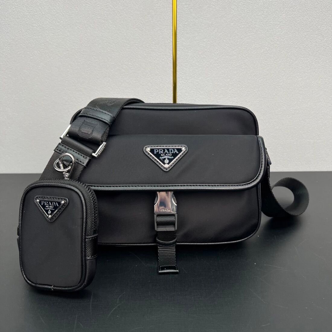 Prada Re-Nylon Messenger Bag, Nylon Strap & Pouch in Dark Grey