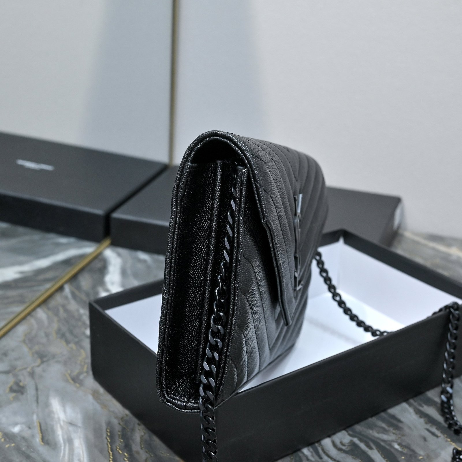 Saint Laurent Monogram Envelope Wallet Chain Bag, Lambskin in Dark Grey, view 2