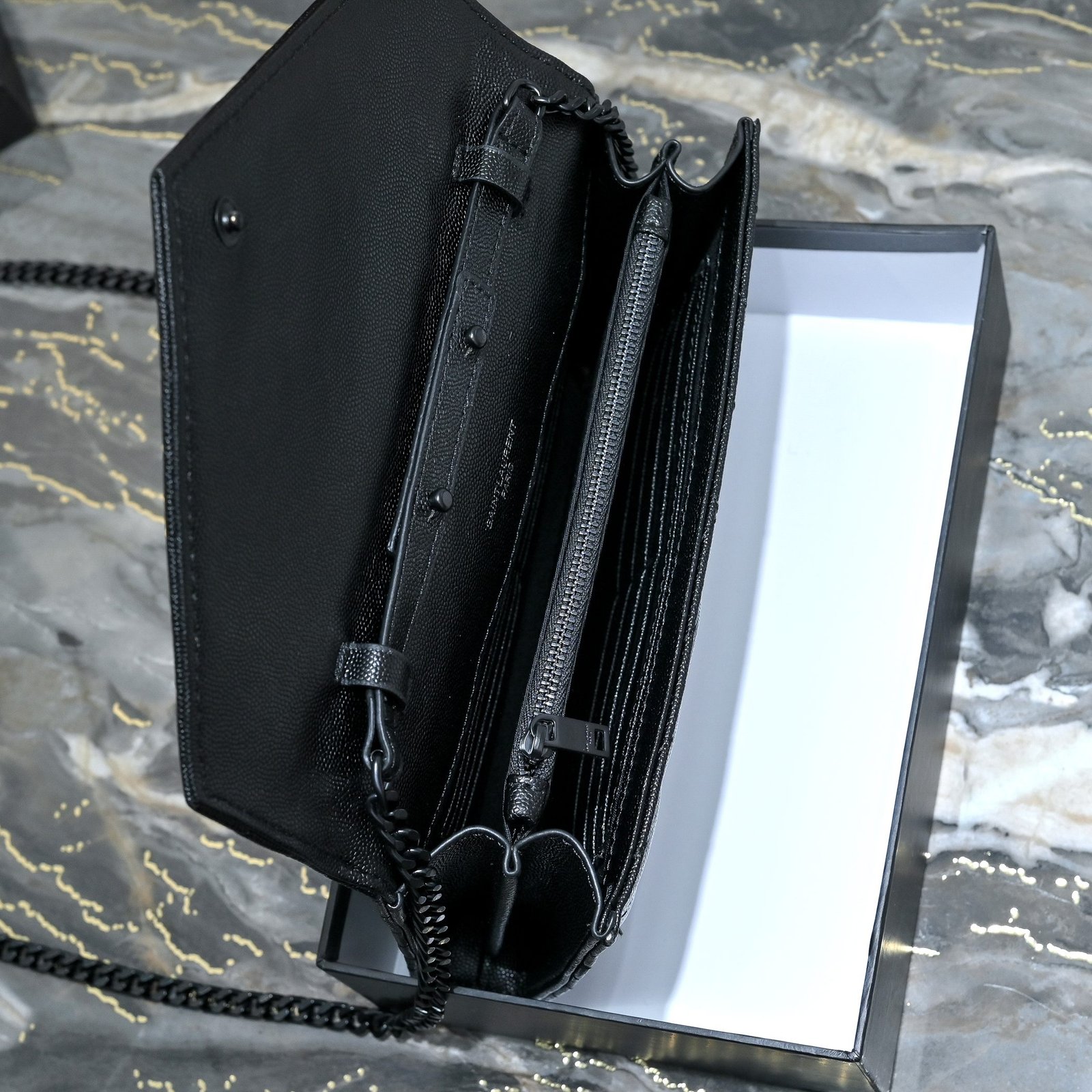 Saint Laurent Monogram Envelope Wallet Chain Bag, Lambskin in Dark Grey, view 5