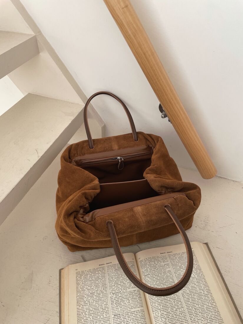 The Row Small Marc Cloud Tote, Top-Grain Leather in Brown, view 3