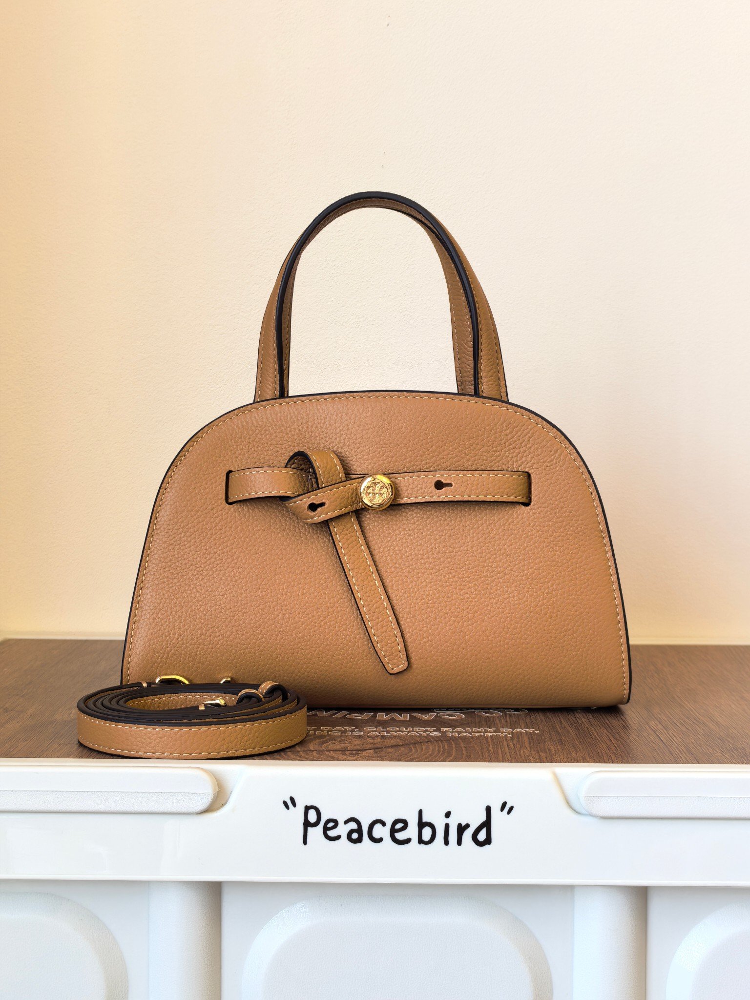 Tory Burch Romy Mini Shell Bag, Grained Cowhide in Tan