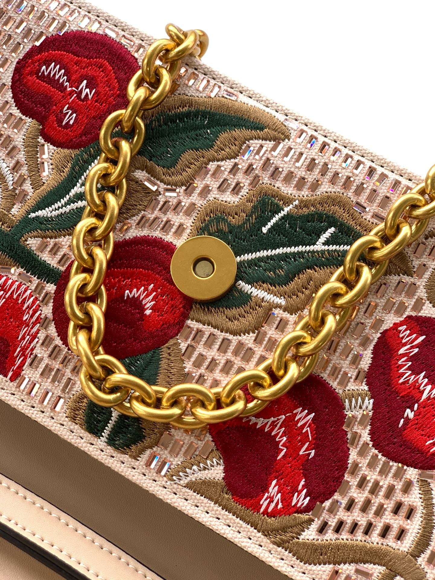 Valentino Cherry Embroidered Chain Shoulder Bag in Taupe, view 7