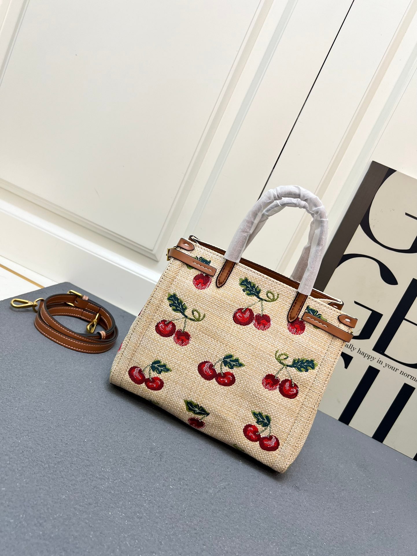 Valentino Cherry Embroidery Top Handle Bag, Mid-Size in Beige, view 3