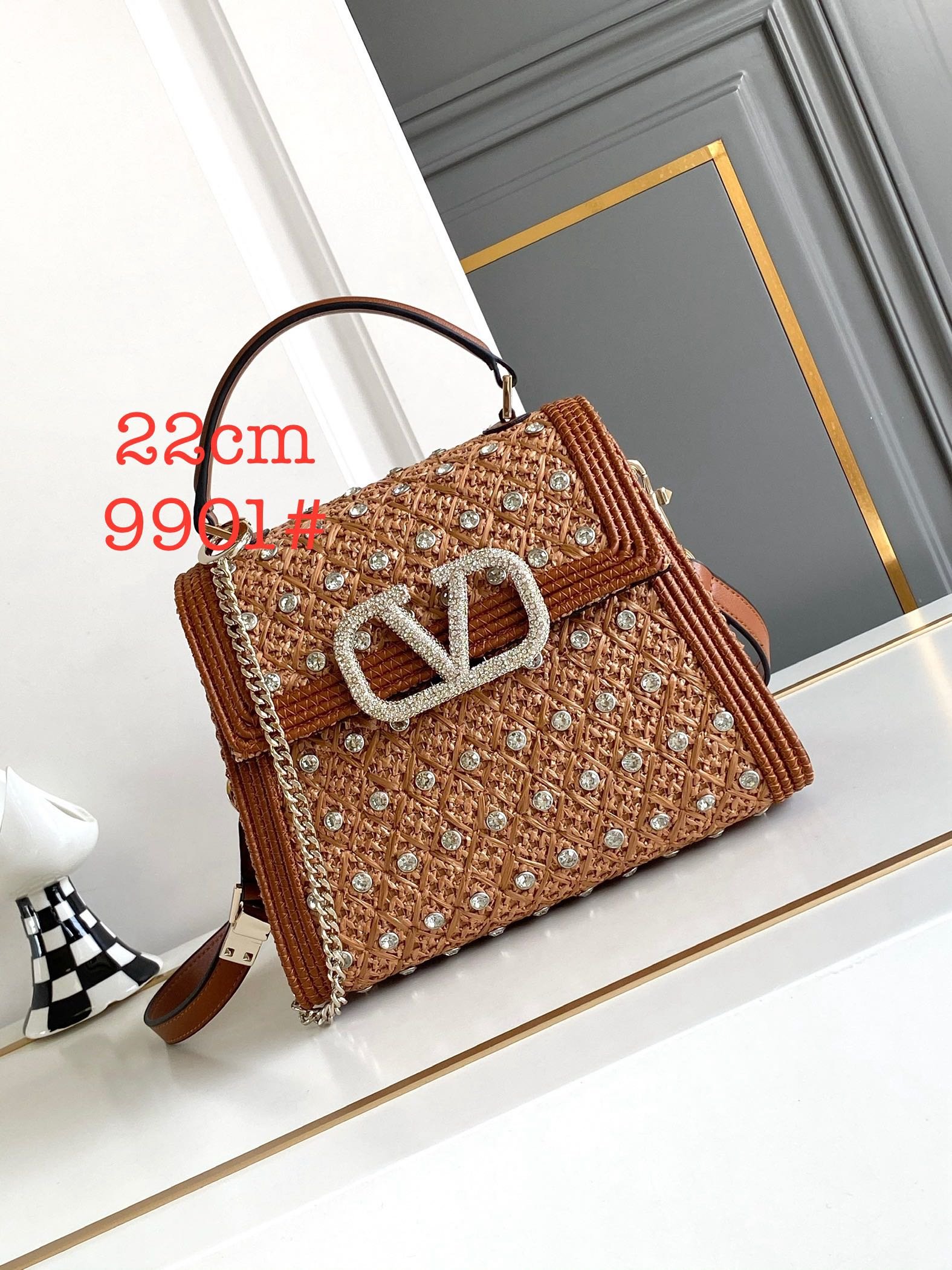 Valentino Woven Tote with Crystal Lock in Dark Grey